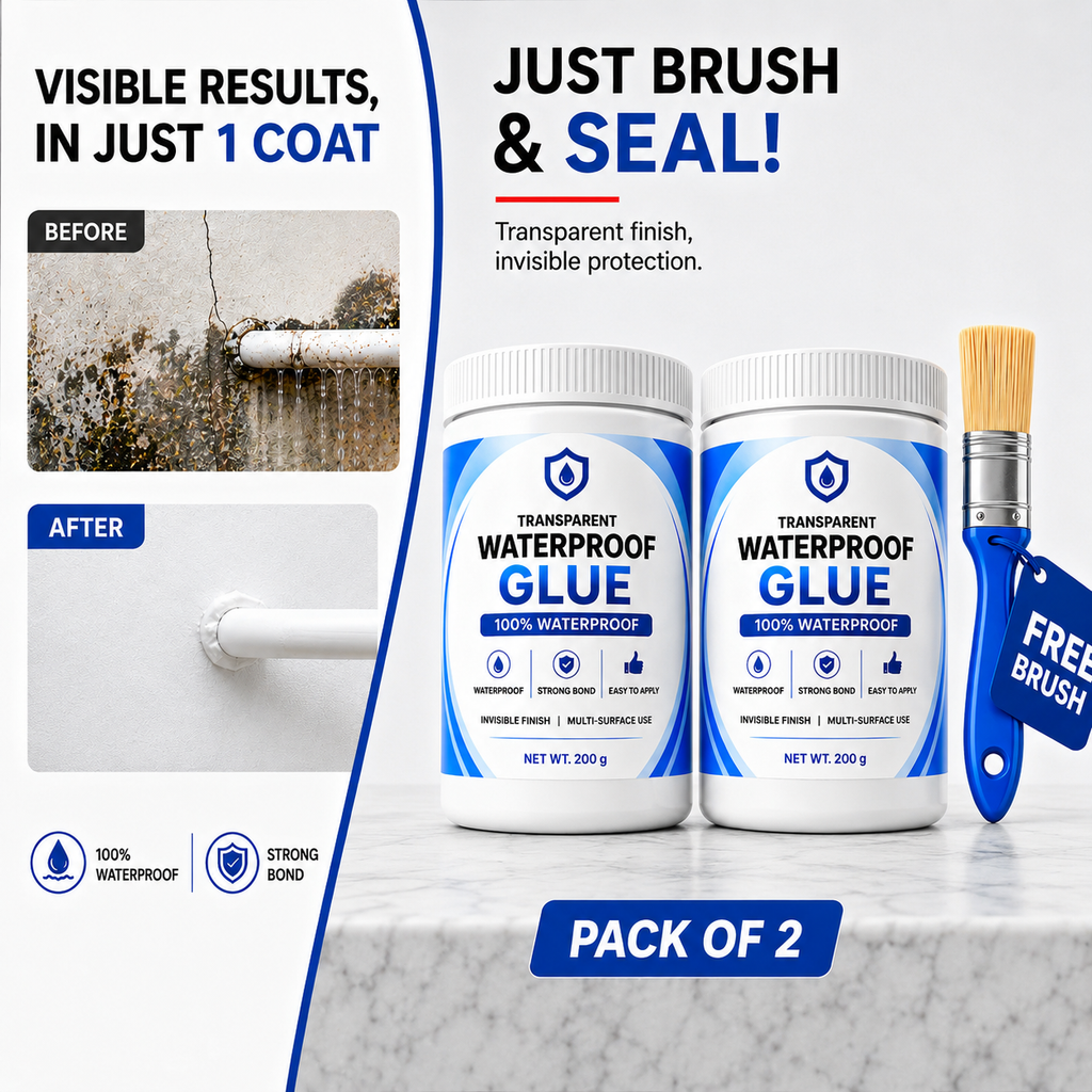 ( BUY 1 GET 1 FREE ) Transparent Waterproof Glue with Free Brush – Clear Sealant for Quick Leak & Crack Repair